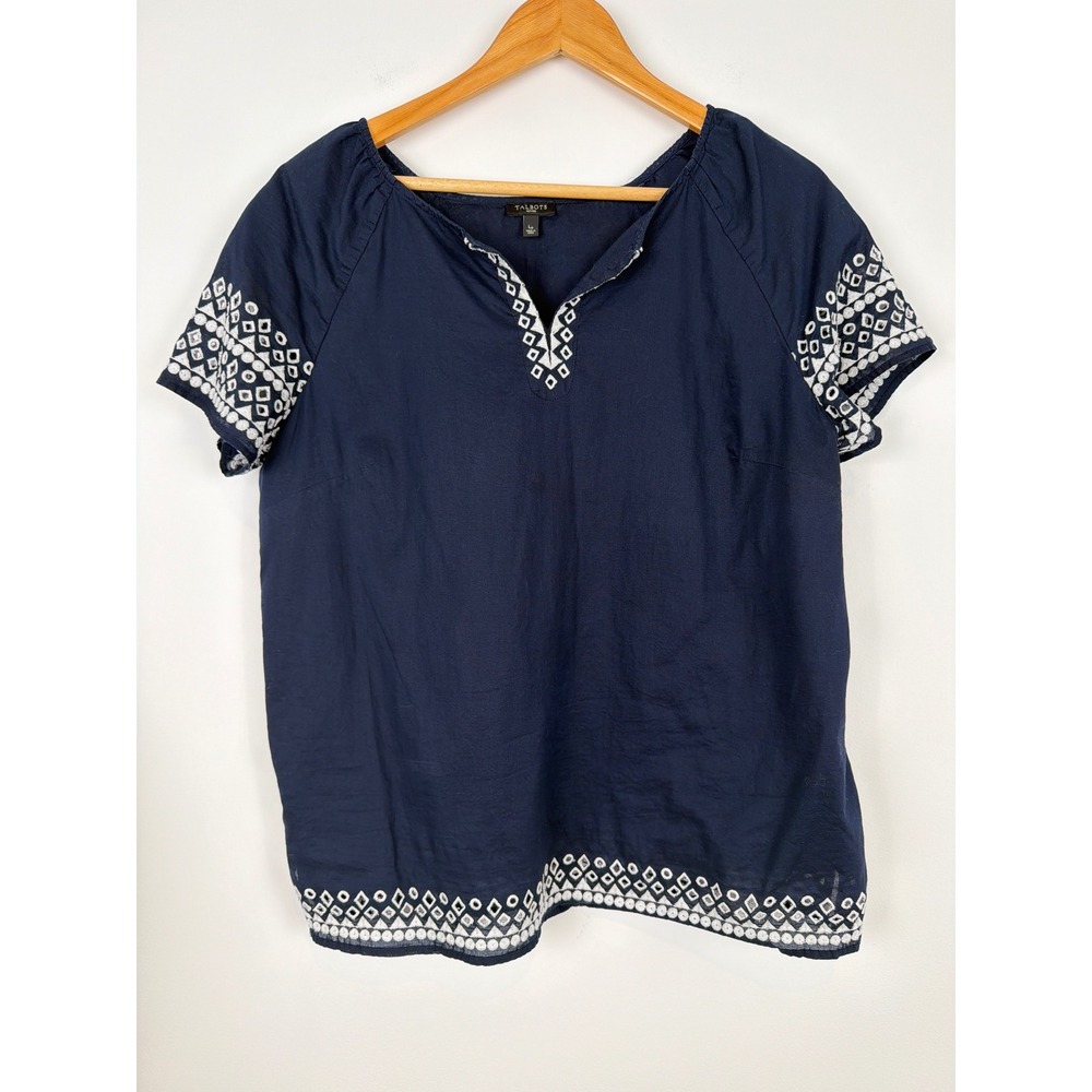 Talbots Embroidered Popover Blouse L Petite Navy 100% Cotton Eyelet Boho Coastal